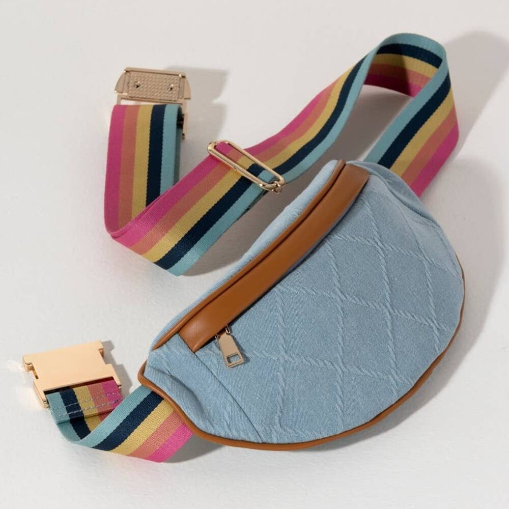 Shiraleah NWT Ali Denim Belt Bag Rainbow Strap Crossbody Fanny